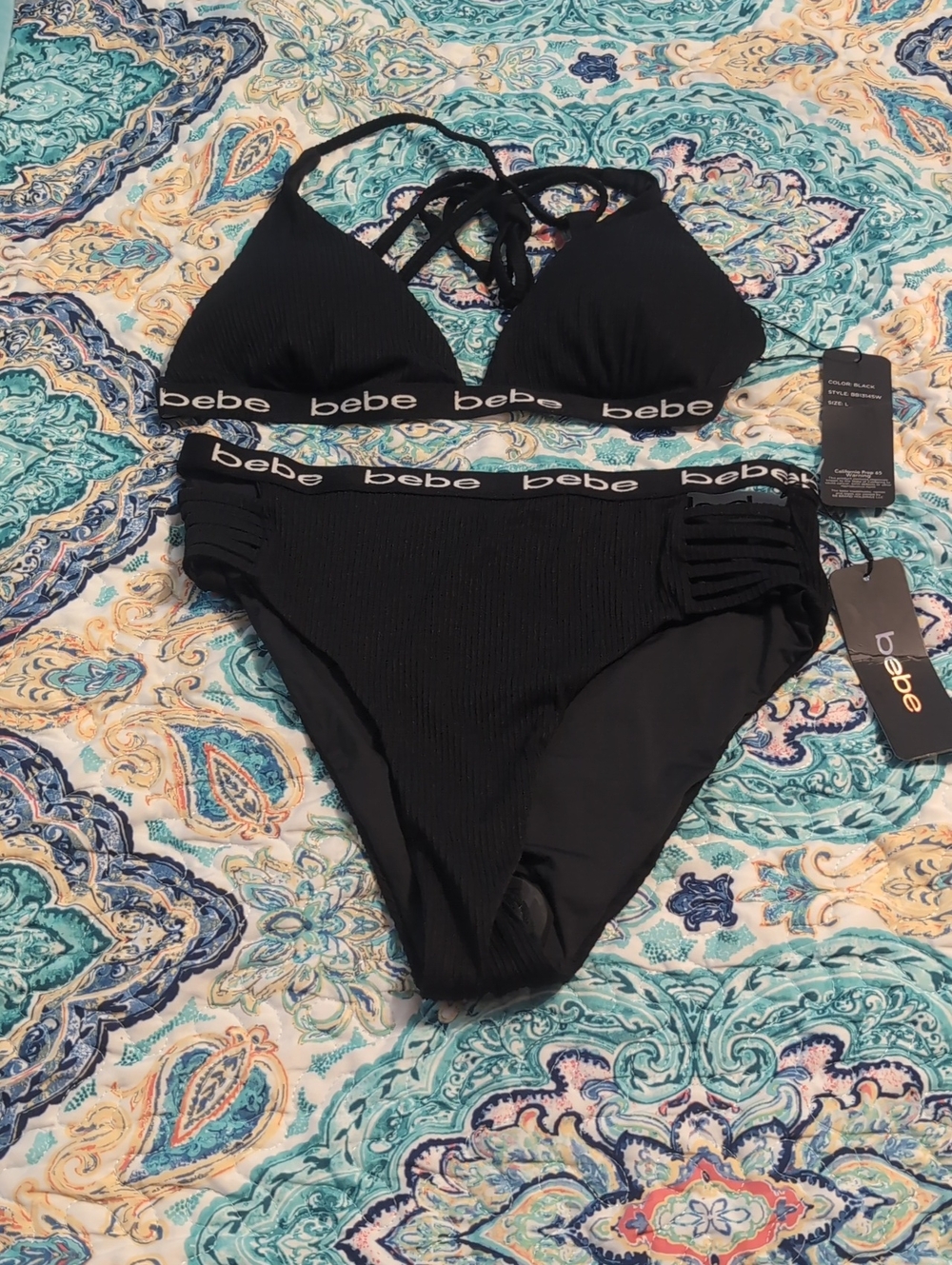bebe Black Ribbed Logo Bikini Bandeau Set